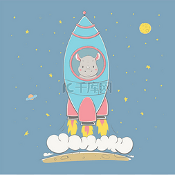 可爱可爱的犀牛在太空中的火箭上