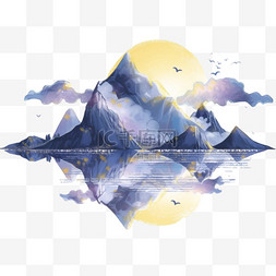 山水背景手绘图片_彩色山水云雾水墨画日出手绘元素