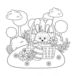 篮子与鸡蛋图片_在花园里的篮子里画着鸡蛋的小兔