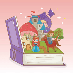 童话故事书图片_book open with fairytale castle and group cha