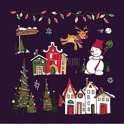 新年手绘房子图片_圣诞及新年元素系列。冬季户外布