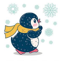 冬季插图与滑稽漫画企鹅与雪花。