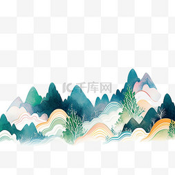 水彩画山水树木彩色元素手绘