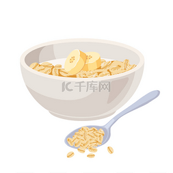 矢量插图。谷物碗与牛奶和麦片，