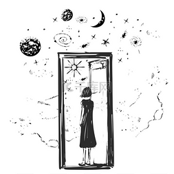 打开门的图片_女孩打开门与星星, 刨床和月在另