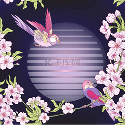 v矢量图图片_与日本绽放樱花和起重机，小鸟的