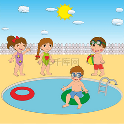 游泳的孩子们图片_孩子们在游泳池里玩得很开心。可
