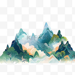 山水背景手绘图片_手绘水彩画山水元素树木彩色