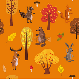 秋天森林可爱的动物无缝模式与树
