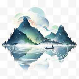 湖光倒影图片_彩色水墨画山水云雾元素手绘