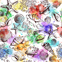 婚礼大理石背景图片_Seamless pattern with seashells and watercolo