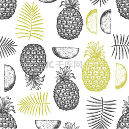 手绘素描风格的菠萝无缝图案.白
