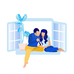 无脸夫妇坐在窗台上卡通
