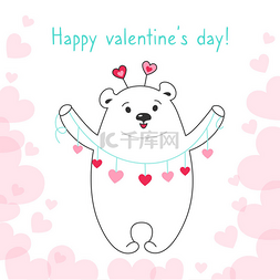 平面设计手绘图片_情人节快乐卡片北极熊的花环心