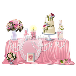 婚礼卡通背景图片_装饰表与婚礼用具被隔离在白色背
