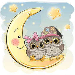 星尘月亮图片_在月球上的两个可爱猫头鹰
