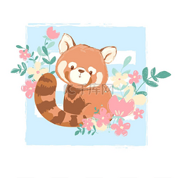 可爱的红色熊猫和花卉矢量插图，