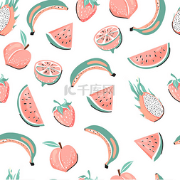 西瓜包装背景图片_现代无缝热带图案，龙果、桃子、