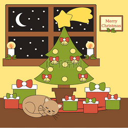 卡通礼物和图片_卡通矢量家庭内部与圣诞树, 礼物