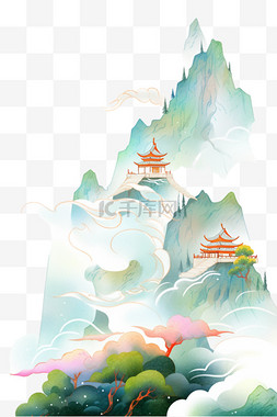 云雾缭绕背景图片_手绘水彩画山水云雾凉亭元素