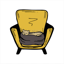 斯堪的纳维亚风格图片_舒适的椅子和一只猫睡在白色背景
