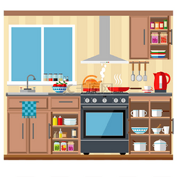 宽敞图片_宽敞明亮的厨房配有大窗户、橱柜