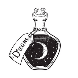 手画的梦想在瓶子或许愿罐与新月