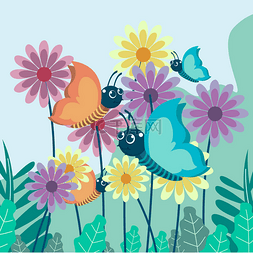 蝴蝶栖息在五颜六色的花朵之间飞