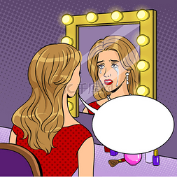 漫画风格插图图片_在镜子流行艺术媒介附近哭泣的女