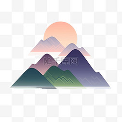 简笔画山水图片_彩色简笔画山水日出手绘免抠元素