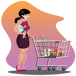 超市购物车图图片_年轻的母亲与儿子婴儿学步车在推