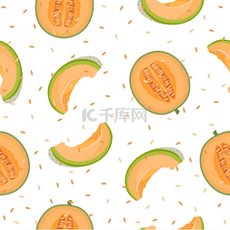 矢量水果图案背景图片_甜瓜半和切片无缝模式在白色背景