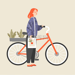 在自行车图片_可爱的女孩站在自行车旁边, 树干