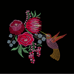 刺绣图片背景图片_时尚刺绣补丁与蜂鸟，春天的花，