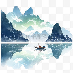 彩色山水素材图片_水墨画彩色山水云雾手绘元素