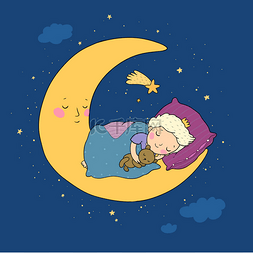 小王子正在月亮上睡觉。可爱的卡