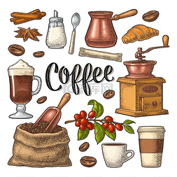 咖啡机字体图片_来杯咖啡采购产品豆子，木制勺子