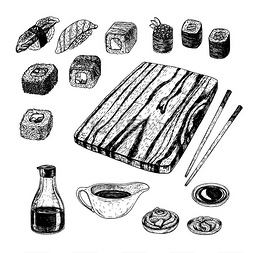 阿拉斯加腌渍海参图片_手绘套寿司和面包卷。矢量速写
