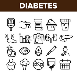 糖尿病，疾病诊断线性矢量图标集