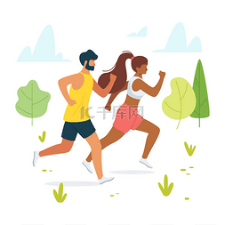 情侣健身图片_慢跑， 跑步， 在森林中锻炼， 树