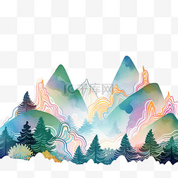 山水背景手绘图片_水彩画手绘山水树木元素