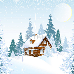 冬天。房子在雪地的森林里。冬夜