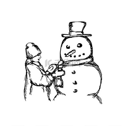 矢量建立图片_小女孩建立一个雪人矢量插图素描