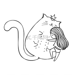 可爱的卡通女孩拥抱猫.