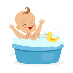 图图洗澡图图片_快乐宝贝洗澡玩泡沫气泡和黄色的