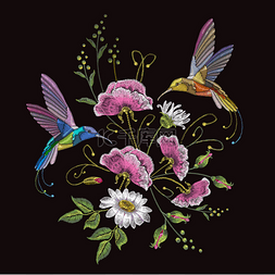 花朵背景服装图片_刺绣蜂鸟和洋甘菊。美丽的蜂鸟