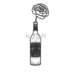 玫瑰花在一瓶葡萄酒素描上刻有矢