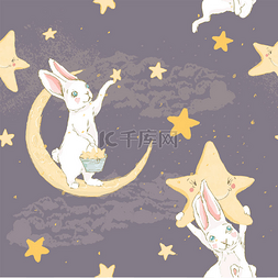 可爱的手绘兔子与夜星站立在月亮