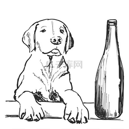 狗肖像图片_圣诞贺卡有趣的狗肖像与一瓶葡萄