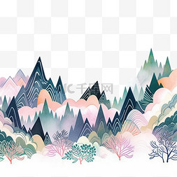 山水背景手绘图片_水彩画元素山水树木彩色手绘